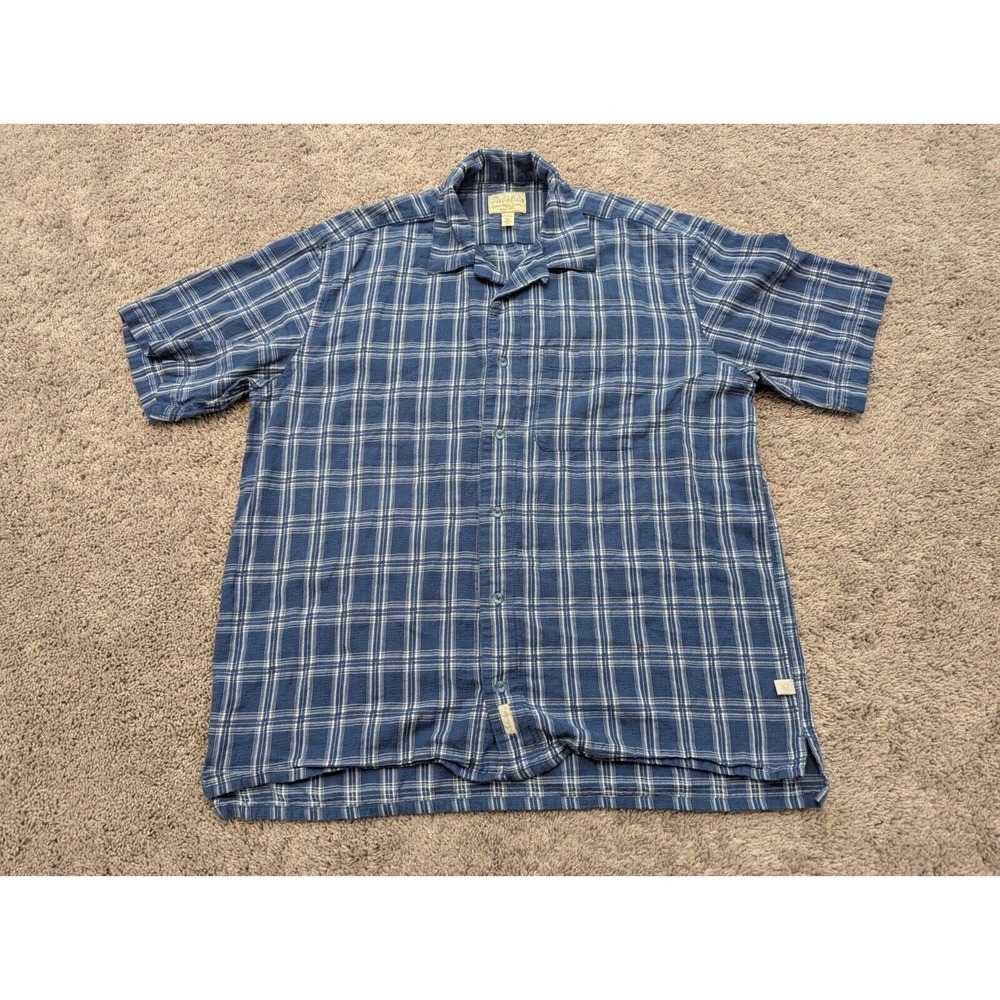 Cabela's Button Up Shirt Mens Extra Large Regular Blue Plaid Short Sleeve Casual